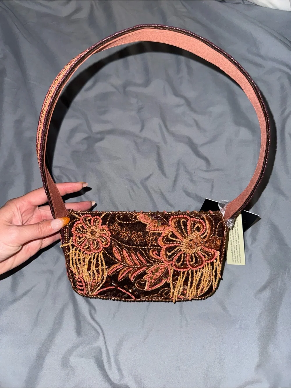 Maroon Beaded and Velvet Floral Shoulder Bag Handmade in India New with Tags